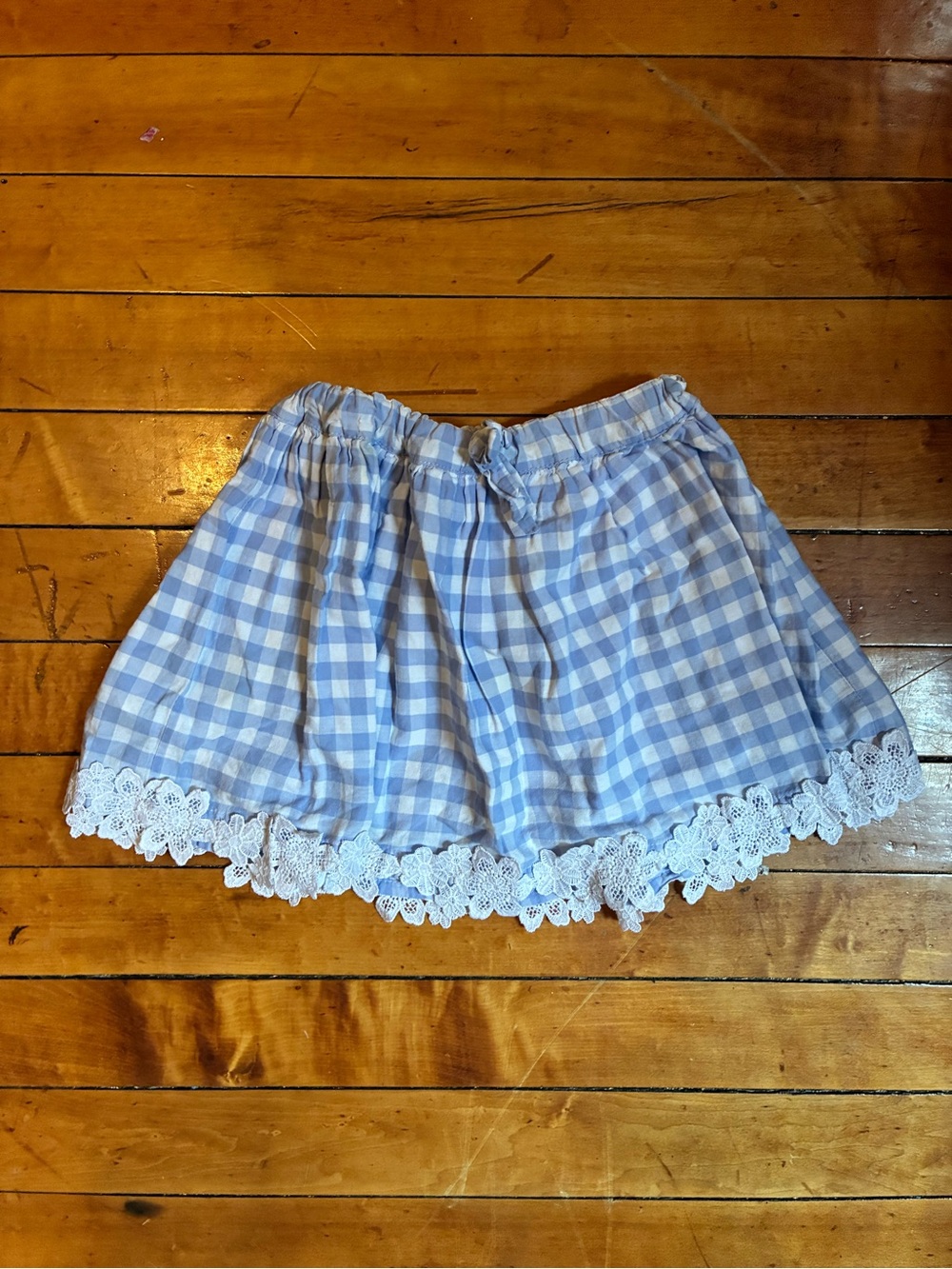 Mayoral Light Blue Gingham Mini Skirt with White Lace Trim